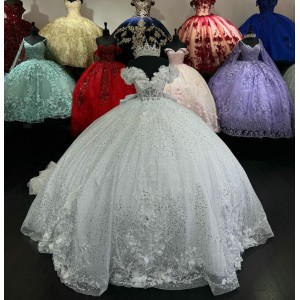 Off Shoulder White Quinceanera Dresses Metallic Sequin Ball Gown V Neck 15 Dress With Bow