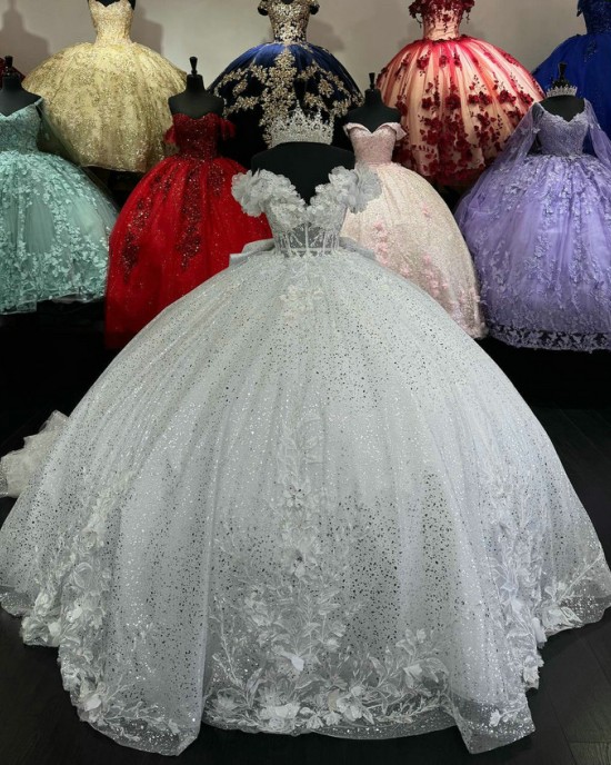 Off Shoulder White Quinceanera Dresses Metallic Sequin Ball Gown V Neck 15 Dress With Bow