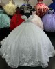 Off Shoulder White Quinceanera Dresses Metallic Sequin Ball Gown V Neck 15 Dress With Bow