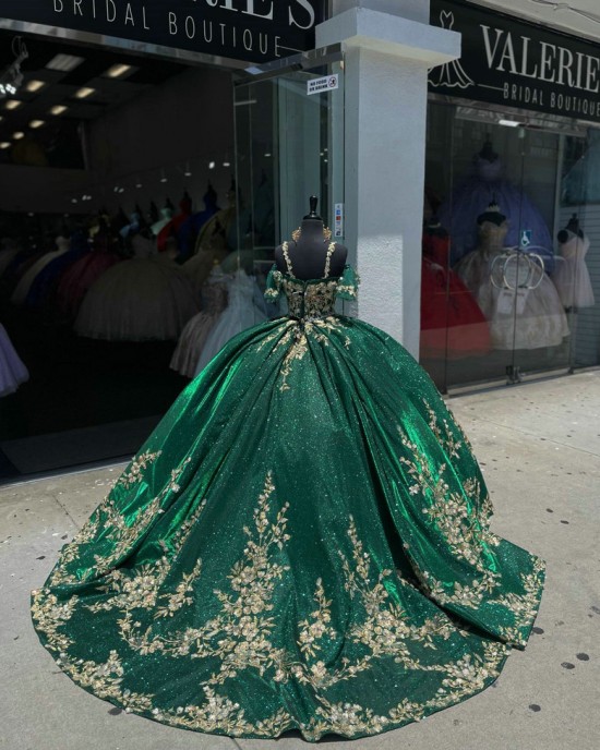 Puff Sleeve Green Quinceanera Dress Spaghetti Strap Metallic Leaf 15 Dresses