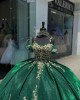 Puff Sleeve Green Quinceanera Dress Spaghetti Strap Metallic Leaf 15 Dresses