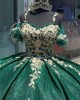 Puff Sleeve Green Quinceanera Dress Spaghetti Strap Metallic Leaf 15 Dresses