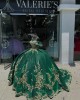 Puff Sleeve Green Quinceanera Dress Spaghetti Strap Metallic Leaf 15 Dresses