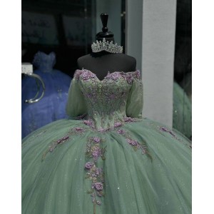 Puff Sleeve Sage Green Quince Dress Sweetheart Neck 3D Floral Ball Gown Crystal 15 Dresses With Bow