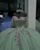 Puff Sleeve Sage Green Quince Dress Sweetheart Neck 3D Floral Ball Gown Crystal 15 Dresses With Bow