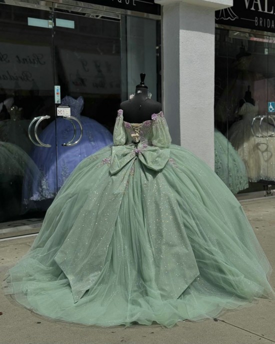 Puff Sleeve Sage Green Quince Dress Sweetheart Neck 3D Floral Ball Gown Crystal 15 Dresses With Bow