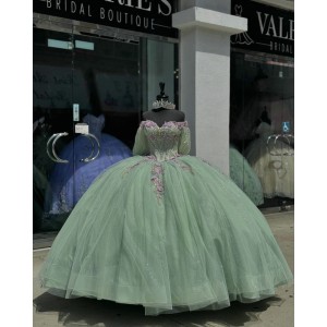 Puff Sleeve Sage Green Quince Dress Sweetheart Neck 3D Floral Ball Gown Crystal 15 Dresses With Bow