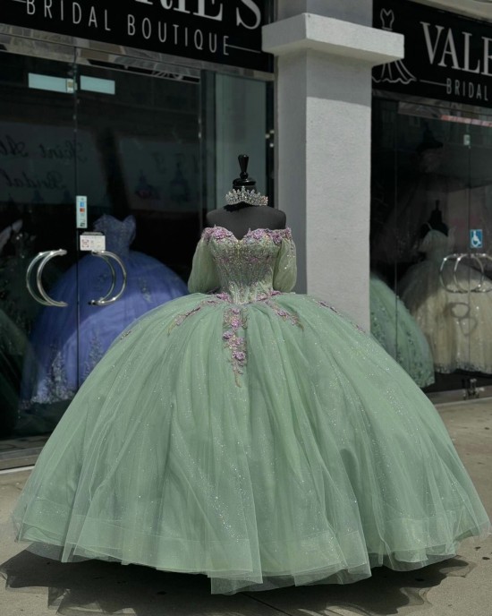 Puff Sleeve Sage Green Quince Dress Sweetheart Neck 3D Floral Ball Gown Crystal 15 Dresses With Bow