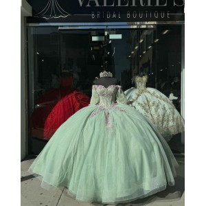 Puff Sleeve Sage Green Quinceanera Dresses 3D Flowers Ball Gown Sweetheart 15 Dress With Bow