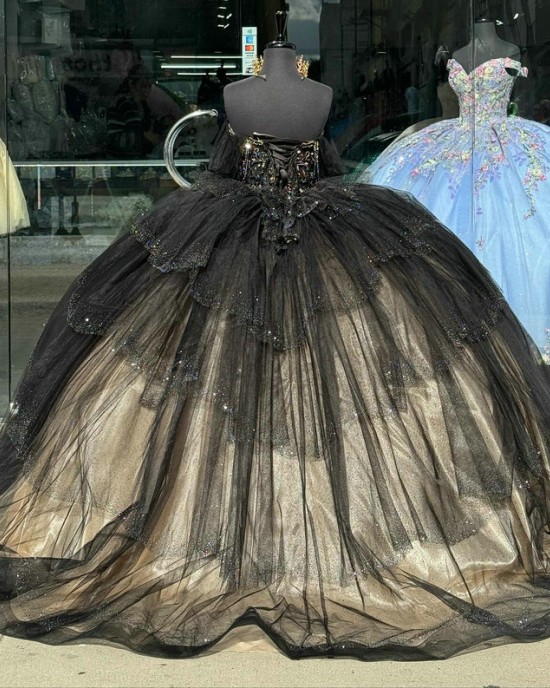 Ruffled Black On Champagne Quince Dresses Lace Appliques Off Shoulder 15 Dress Metallic Sequin Ball Gown