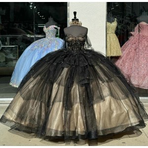 Ruffled Black On Champagne Quince Dresses Lace Appliques Off Shoulder 15 Dress Metallic Sequin Ball Gown