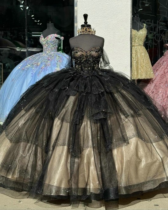 Ruffled Black On Champagne Quince Dresses Lace Appliques Off Shoulder 15 Dress Metallic Sequin Ball Gown