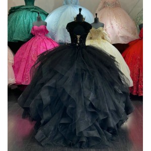 Ruffled Black Quince Dress V Neck Beading Ball Gown Metallic Sequin 15 Dresses