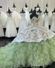 Ruffled Green On White Quinceanera Dress Sweetheart Metallic Sequin 15 Dresses Spaghetti Strap Ball Gown