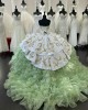 Ruffled Green On White Quinceanera Dress Sweetheart Metallic Sequin 15 Dresses Spaghetti Strap Ball Gown