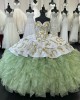 Ruffled Green On White Quinceanera Dress Sweetheart Metallic Sequin 15 Dresses Spaghetti Strap Ball Gown