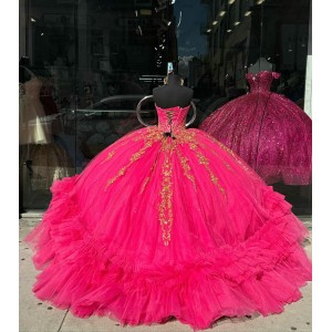 Ruffled Hot Pink Quince Dresses Metallic Sequin 15 Dress Sweetheart Neck Ball Gown