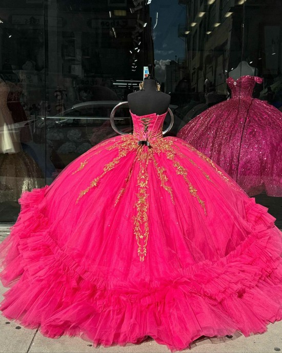 Ruffled Hot Pink Quince Dresses Metallic Sequin 15 Dress Sweetheart Neck Ball Gown