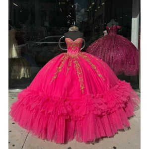 Ruffled Hot Pink Quince Dresses Metallic Sequin 15 Dress Sweetheart Neck Ball Gown