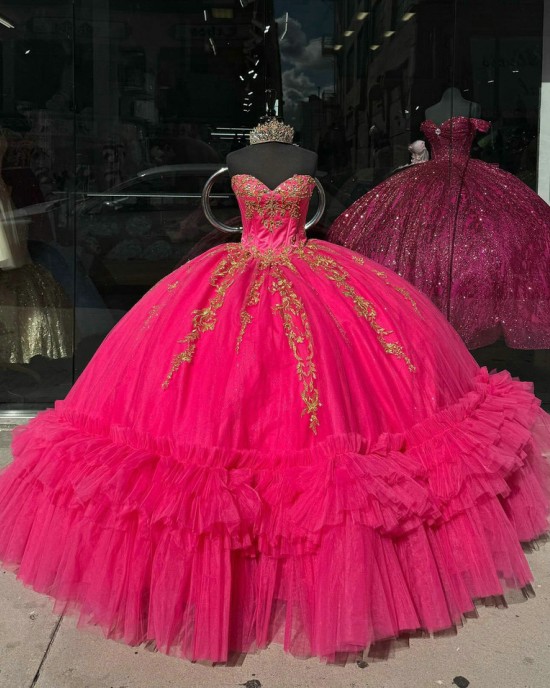 Ruffled Hot Pink Quince Dresses Metallic Sequin 15 Dress Sweetheart Neck Ball Gown