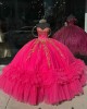 Ruffled Hot Pink Quince Dresses Metallic Sequin 15 Dress Sweetheart Neck Ball Gown