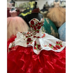 Ruffled Red Quinceanera Dress Sweetheart Embroidered Flowers 15 Dresses Sleeveless Ball Gown