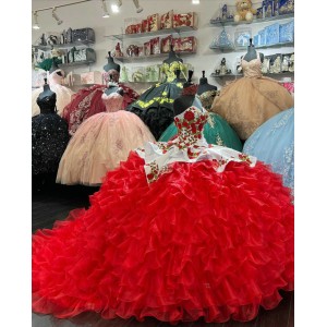 Ruffled Red Quinceanera Dress Sweetheart Embroidered Flowers 15 Dresses Sleeveless Ball Gown