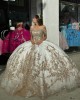 Scoop Neck Champagne Quinceanera Dresses Spaghetti Strap Ball Gown Metallic Sequin 15 Dress