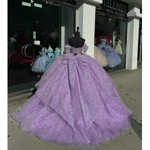 Scoop Neck Lilac Quinceanera Dresses Off Shoulder Ball Gown Metallic Sequin 15 Dress With Bow