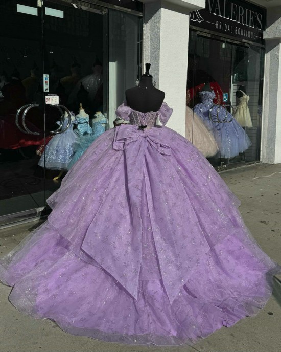 Scoop Neck Lilac Quinceanera Dresses Off Shoulder Ball Gown Metallic Sequin 15 Dress With Bow