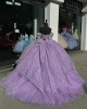 Scoop Neck Lilac Quinceanera Dresses Off Shoulder Ball Gown Metallic Sequin 15 Dress With Bow