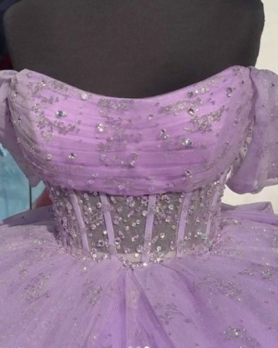 Scoop Neck Lilac Quinceanera Dresses Off Shoulder Ball Gown Metallic Sequin 15 Dress With Bow