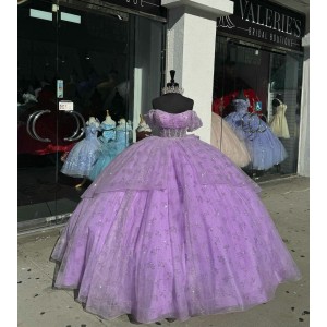 Scoop Neck Lilac Quinceanera Dresses Off Shoulder Ball Gown Metallic Sequin 15 Dress With Bow