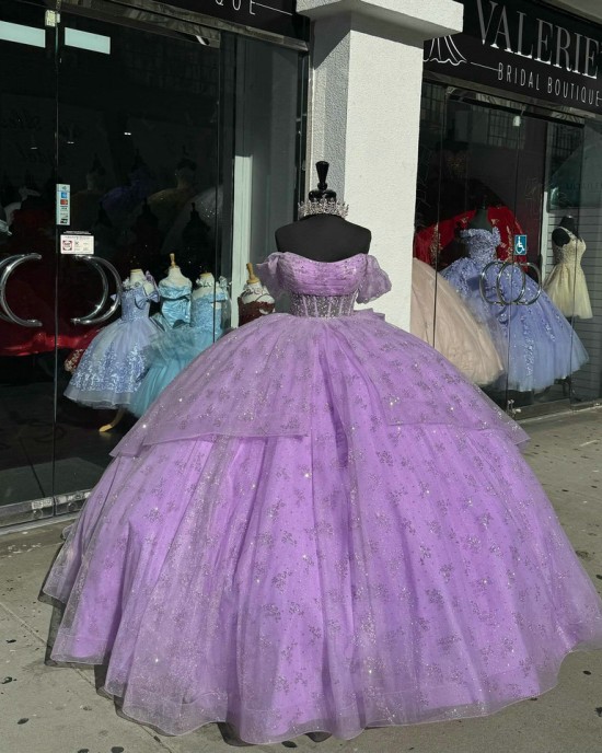 Scoop Neck Lilac Quinceanera Dresses Off Shoulder Ball Gown Metallic Sequin 15 Dress With Bow