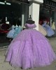 Scoop Neck Lilac Quinceanera Dresses Off Shoulder Ball Gown Metallic Sequin 15 Dress With Bow