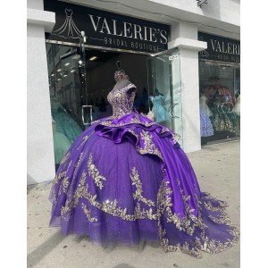 Scoop Neck Purple Quinceanera Dress Off Shoulder 15 Dresses Metallic Leaf Ball Gown