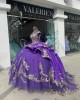 Scoop Neck Purple Quinceanera Dress Off Shoulder 15 Dresses Metallic Leaf Ball Gown