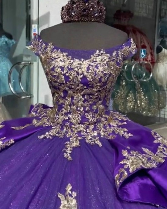 Scoop Neck Purple Quinceanera Dress Off Shoulder 15 Dresses Metallic Leaf Ball Gown