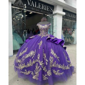 Scoop Neck Purple Quinceanera Dress Off Shoulder 15 Dresses Metallic Leaf Ball Gown