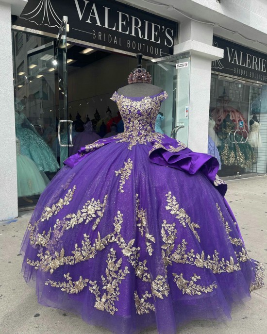 Scoop Neck Purple Quinceanera Dress Off Shoulder 15 Dresses Metallic Leaf Ball Gown