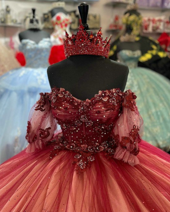 Short Sleeve Burgundy Quinceanera Dress Sweetheart 15 Dresses With Three Dimensional Embroidered