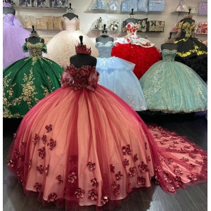 Short Sleeve Burgundy Quinceanera Dress Sweetheart 15 Dresses With Three Dimensional Embroidered