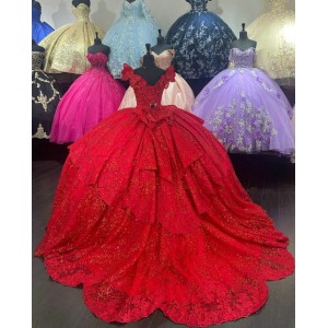 Sleeveless Red Quinceanera Dress V Neck Sequin 15 Dresses With Bow