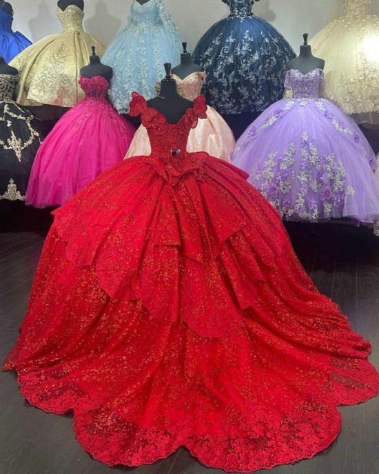 Sleeveless Red Quinceanera Dress V Neck Sequin 15 Dresses With Bow