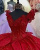 Sleeveless Red Quinceanera Dress V Neck Sequin 15 Dresses With Bow