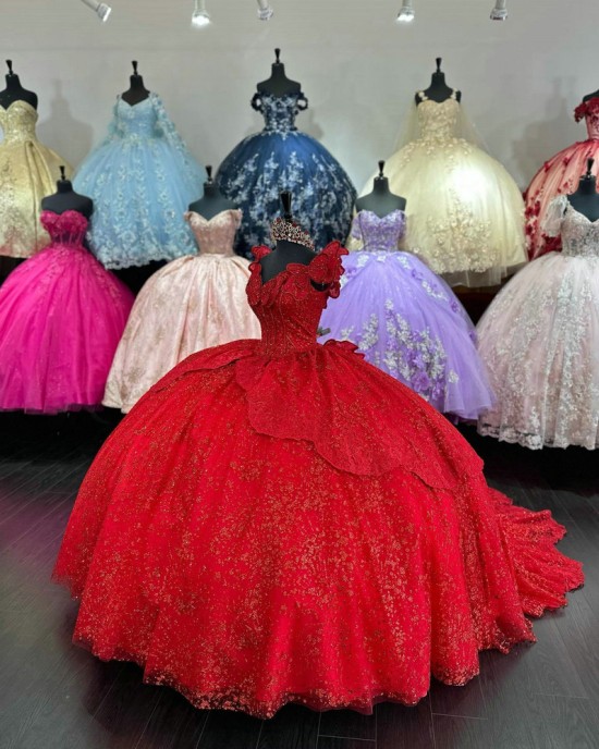 Sleeveless Red Quinceanera Dress V Neck Sequin 15 Dresses With Bow