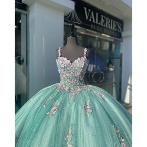 Spaghetti Strap Aqua Quinceanera Dress Sweetheart Neck 15 Dresses Metallic Sequin Ball Gown With Multi Color Floral