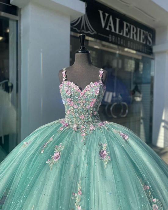 Spaghetti Strap Aqua Quinceanera Dress Sweetheart Neck 15 Dresses Metallic Sequin Ball Gown With Multi Color Floral