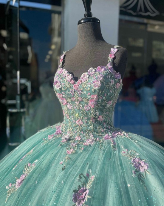 Spaghetti Strap Aqua Quinceanera Dress Sweetheart Neck 15 Dresses Metallic Sequin Ball Gown With Multi Color Floral