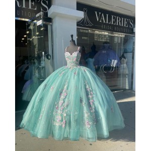 Spaghetti Strap Aqua Quinceanera Dress Sweetheart Neck 15 Dresses Metallic Sequin Ball Gown With Multi Color Floral